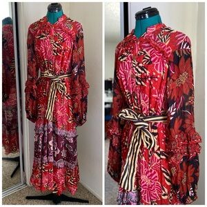 NWT FARM Rio Vibrant Red and Pink Zebra Print  Floral Maxi Dress L
